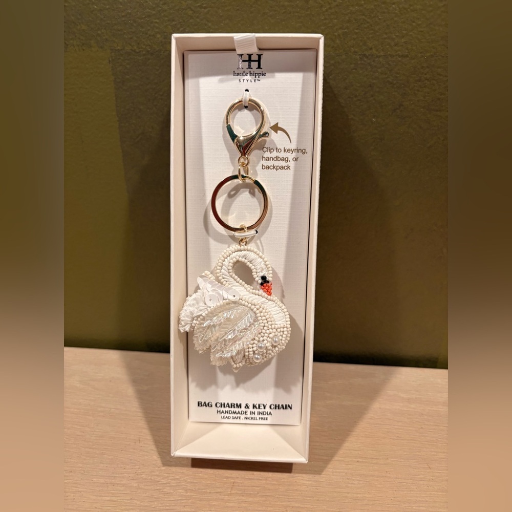 Haute Hippie White and Gold Swan Key Chain Bag Charm